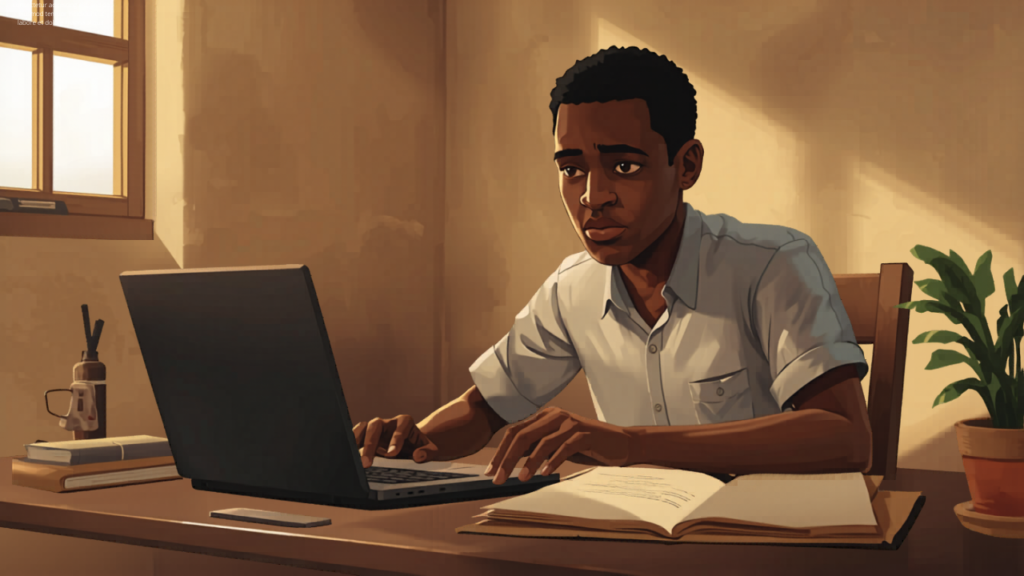 Jeune candidat ivoirien remplissant le formulaire d'inscription au concours CAFOP-IA sur le site de la DECO